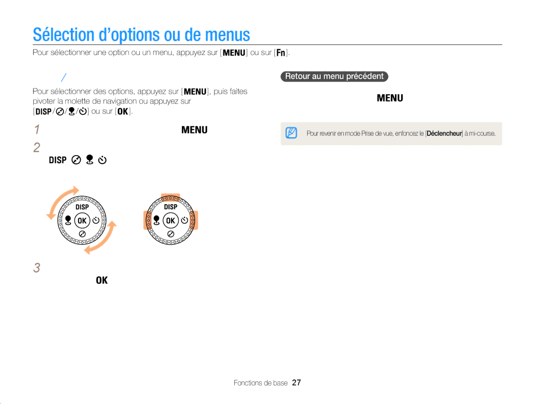 Samsung EC-WB850FBPBFR, EC-WB850FBPBE1 Sélection d’options ou de menus, Touche Menu, Appuyez de nouveau sur, Précédent 