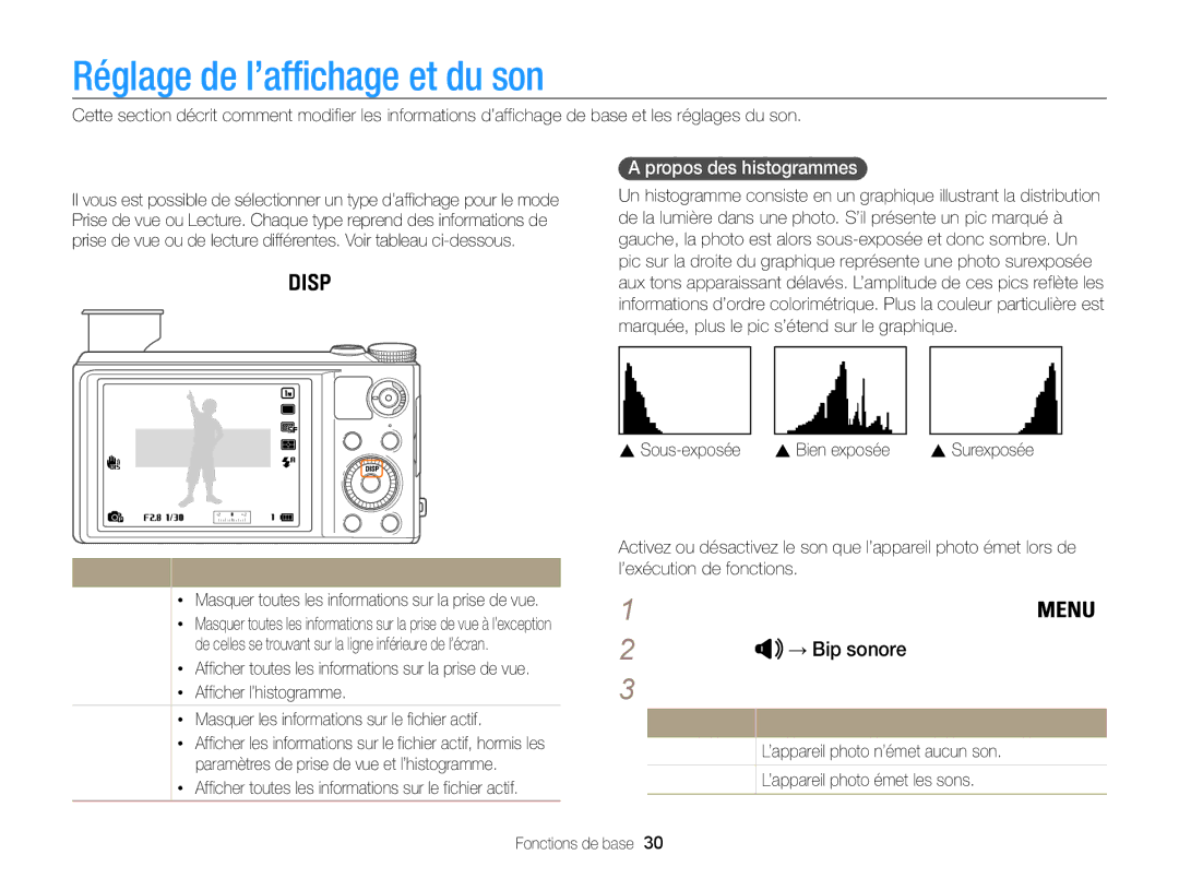 Samsung EC-WB850FBPBE1, EC-WB850FBPBFR manual Réglage de l’affichage et du son, Réglages du type d’affichage, Réglage du son 