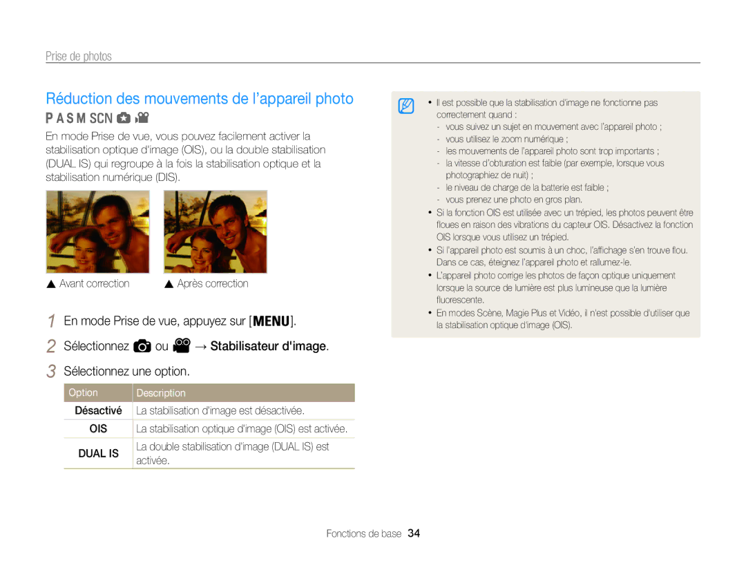 Samsung EC-WB850FBPBE1 manual Réduction des mouvements de l’appareil photo, La stabilisation dimage est désactivée, Activée 