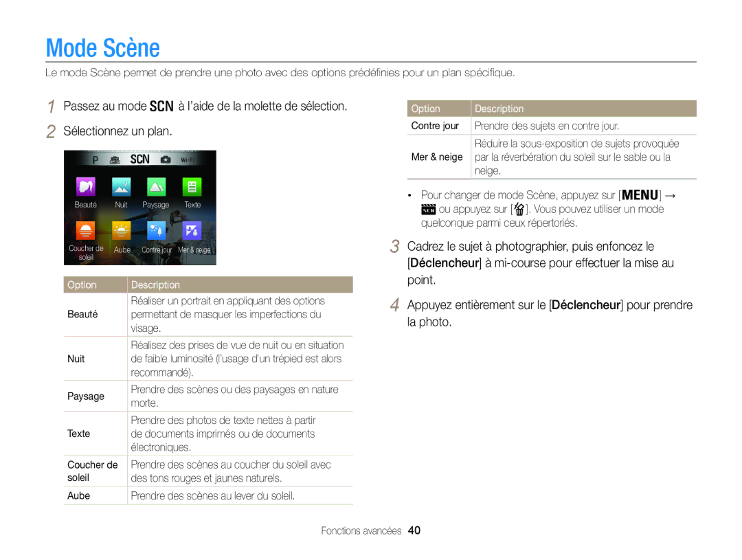 Samsung EC-WB850FBPBE1, EC-WB850FBPBFR manual Mode Scène 