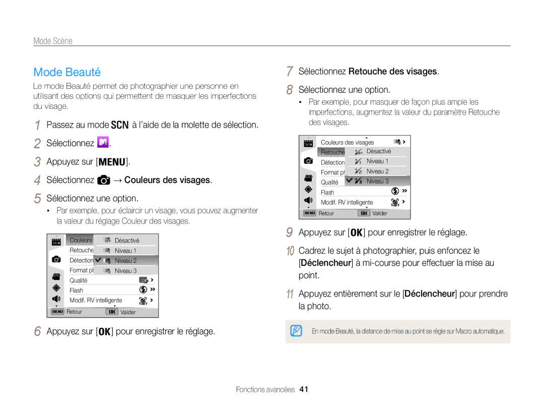 Samsung EC-WB850FBPBFR, EC-WB850FBPBE1 manual Mode Beauté, Mode Scène 