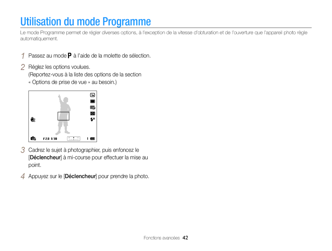 Samsung EC-WB850FBPBE1, EC-WB850FBPBFR manual Utilisation du mode Programme 