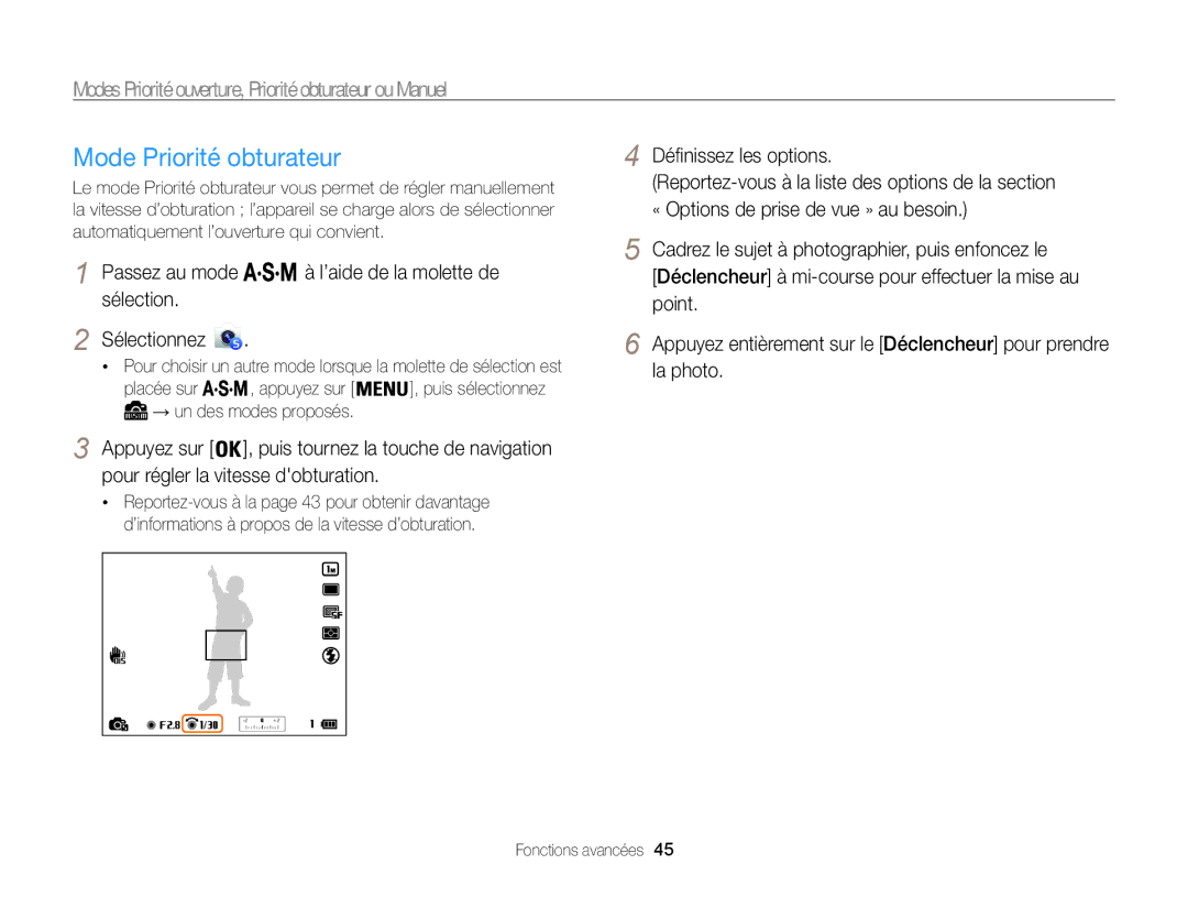 Samsung EC-WB850FBPBFR, EC-WB850FBPBE1 manual Mode Priorité obturateur 