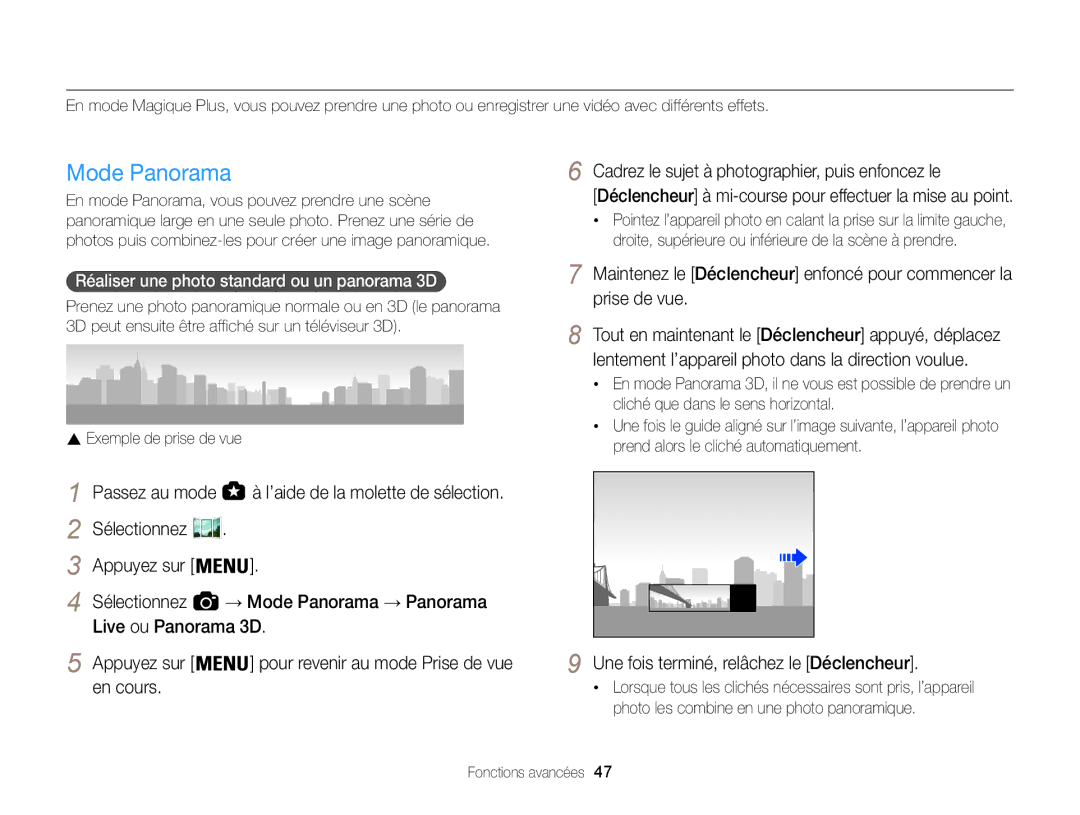Samsung EC-WB850FBPBFR manual Mode Magique Plus, Mode Panorama, Prise de vue, ’aide de la molette de sélection, En cours 