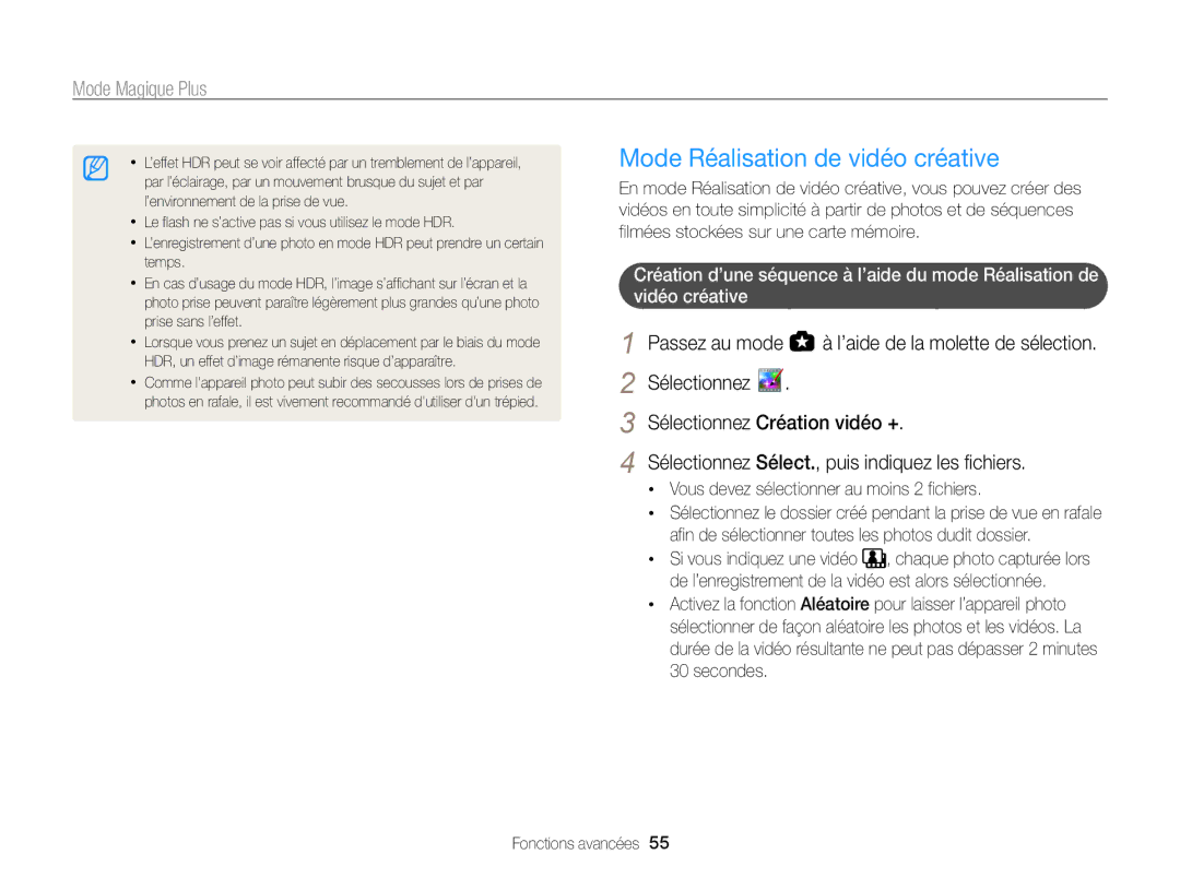 Samsung EC-WB850FBPBFR, EC-WB850FBPBE1 Mode Réalisation de vidéo créative, Vous devez sélectionner au moins 2 fichiers 