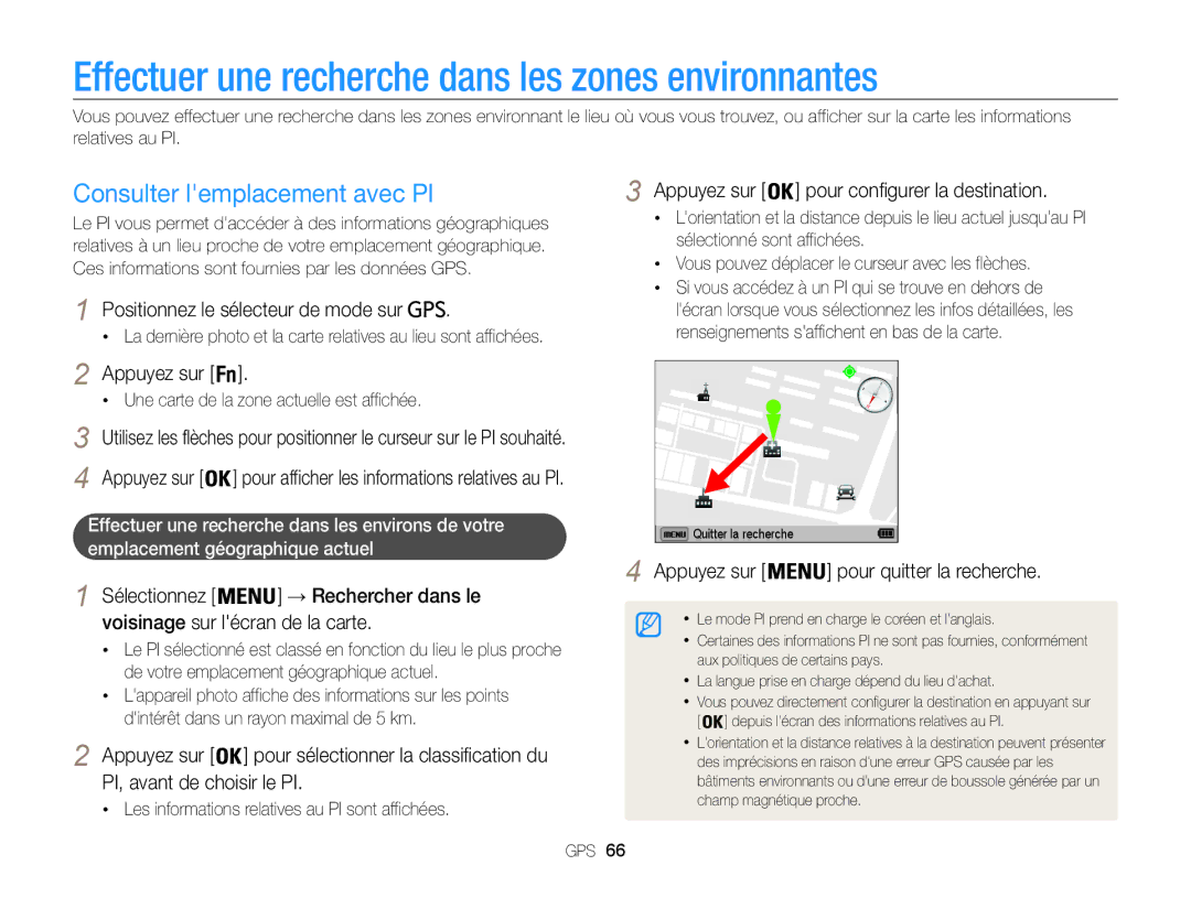 Samsung EC-WB850FBPBE1 manual Effectuer une recherche dans les zones environnantes, Consulter lemplacement avec PI 