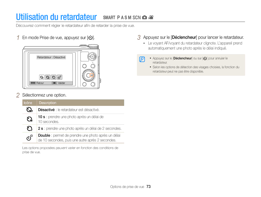 Samsung EC-WB850FBPBFR, EC-WB850FBPBE1 manual Utilisation du retardateur, En mode Prise de vue, appuyez sur 