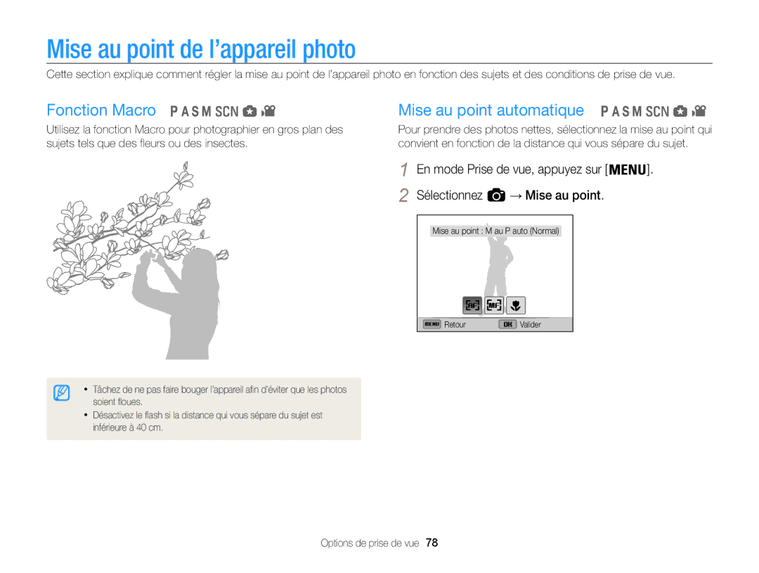 Samsung EC-WB850FBPBE1, EC-WB850FBPBFR manual Mise au point de l’appareil photo, Fonction Macro, Mise au point automatique 