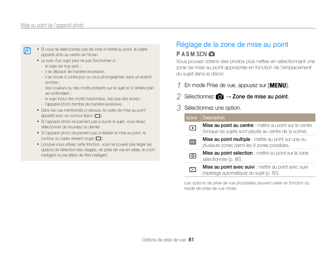 Samsung EC-WB850FBPBFR, EC-WB850FBPBE1 manual Réglage de la zone de mise au point 