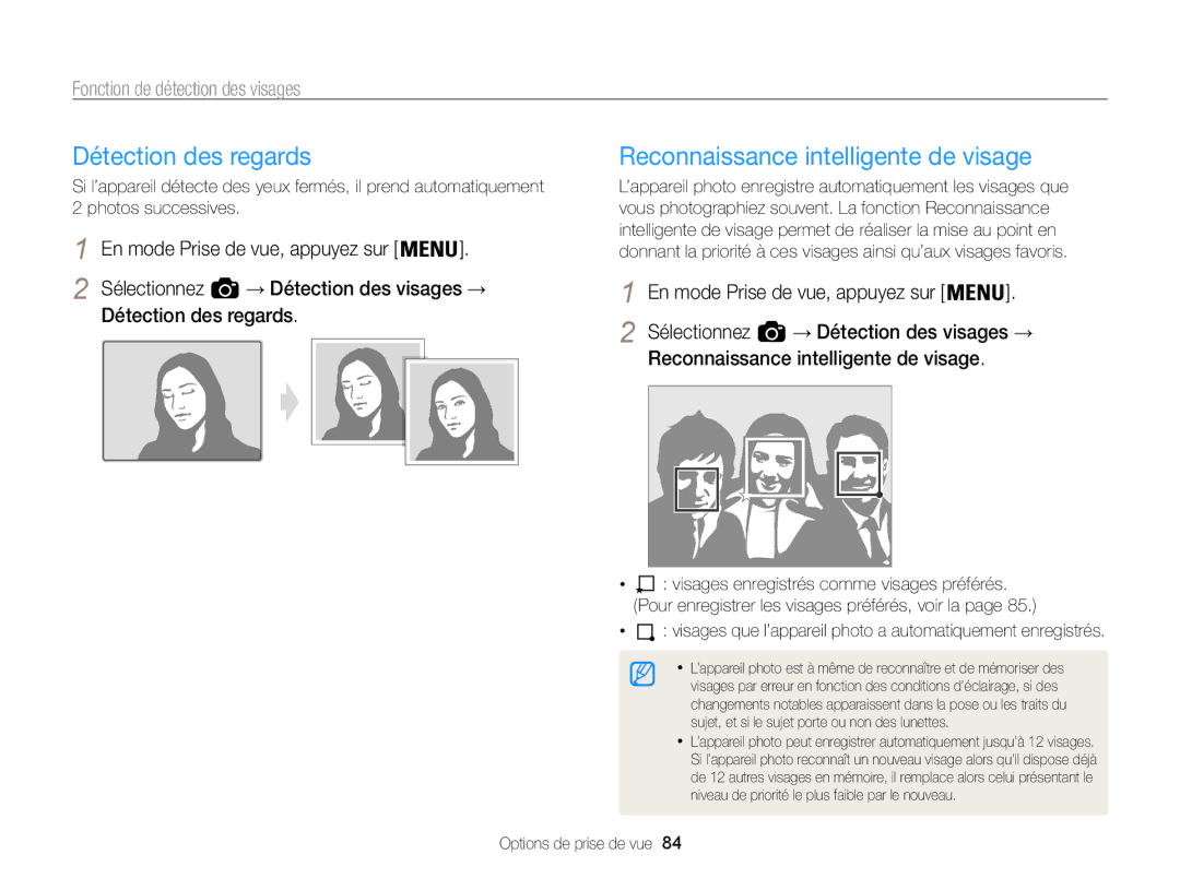 Samsung EC-WB850FBPBE1, EC-WB850FBPBFR manual Détection des regards, Reconnaissance intelligente de visage 