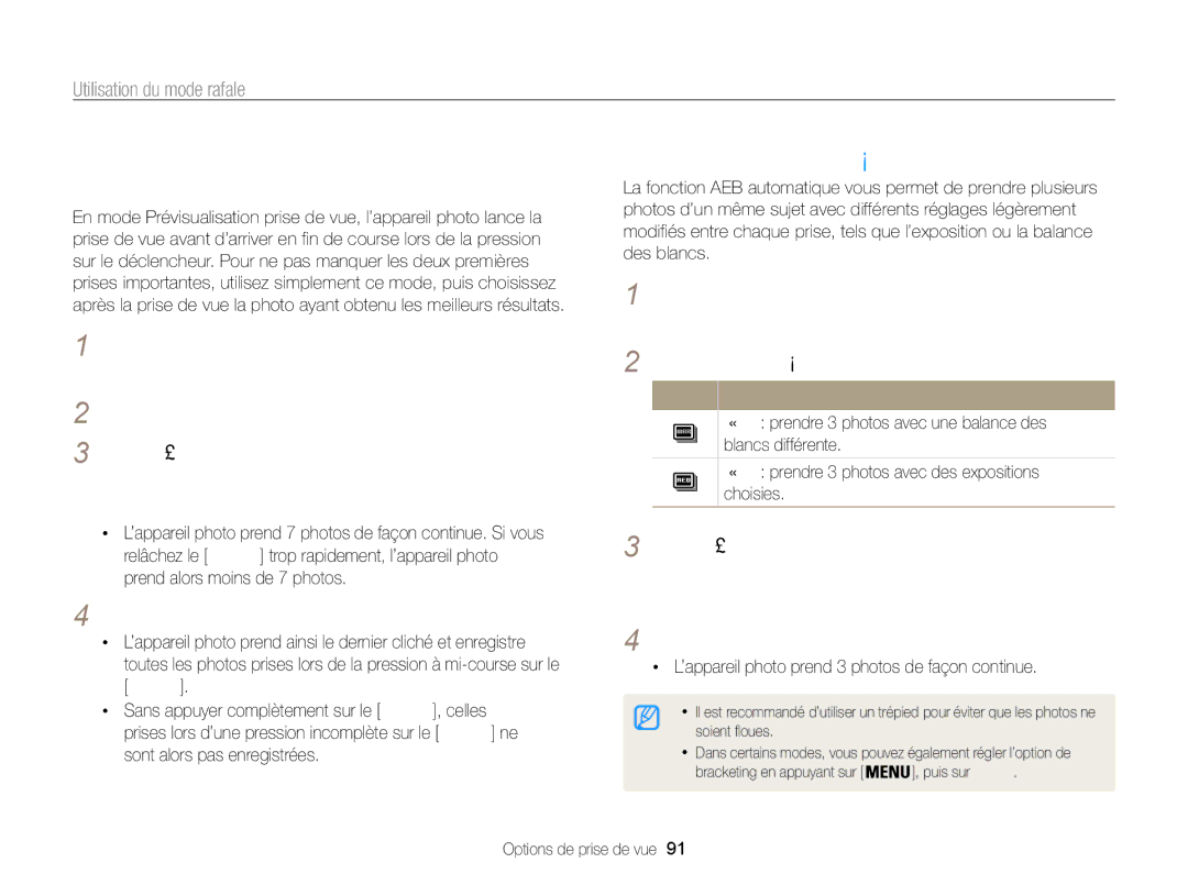 Samsung EC-WB850FBPBFR manual Prise de photos en mode Prévisualisation prise de vue, Prise de photos avec la fonction AEB 