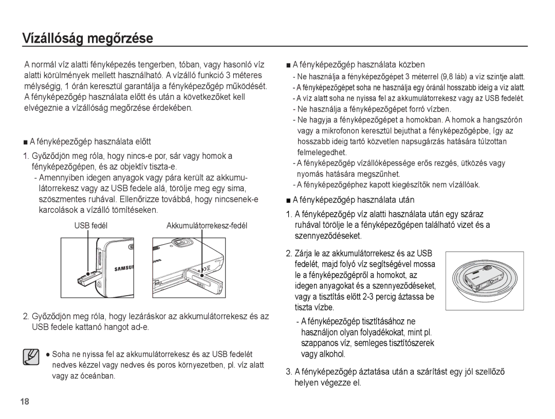 Samsung EC-WP10ZZBPYE2 manual Vízállóság megĘrzése, FényképezĘgép használata elĘtt, FényképezĘgép használata közben 