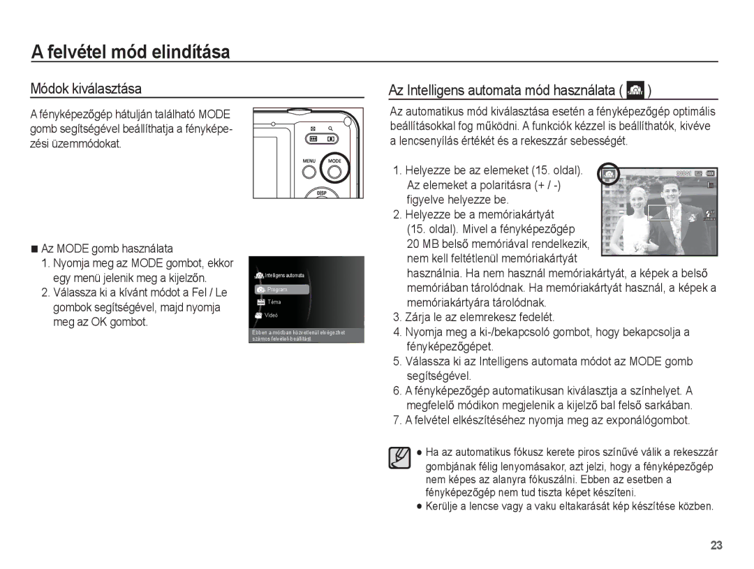 Samsung EC-WP10ZZBPUIT, EC-WP10ZZBPBE1 Felvétel mód elindítása, Módok kiválasztása Az Intelligens automata mód használata 