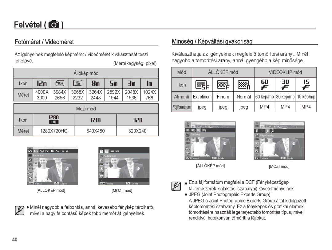 Samsung EC-WP10ZZBPYE2, EC-WP10ZZBPBE1, EC-WP10ZZBPYIT Felvétel, Fotóméret / Videoméret, MinĘség / Képváltási gyakoriság 