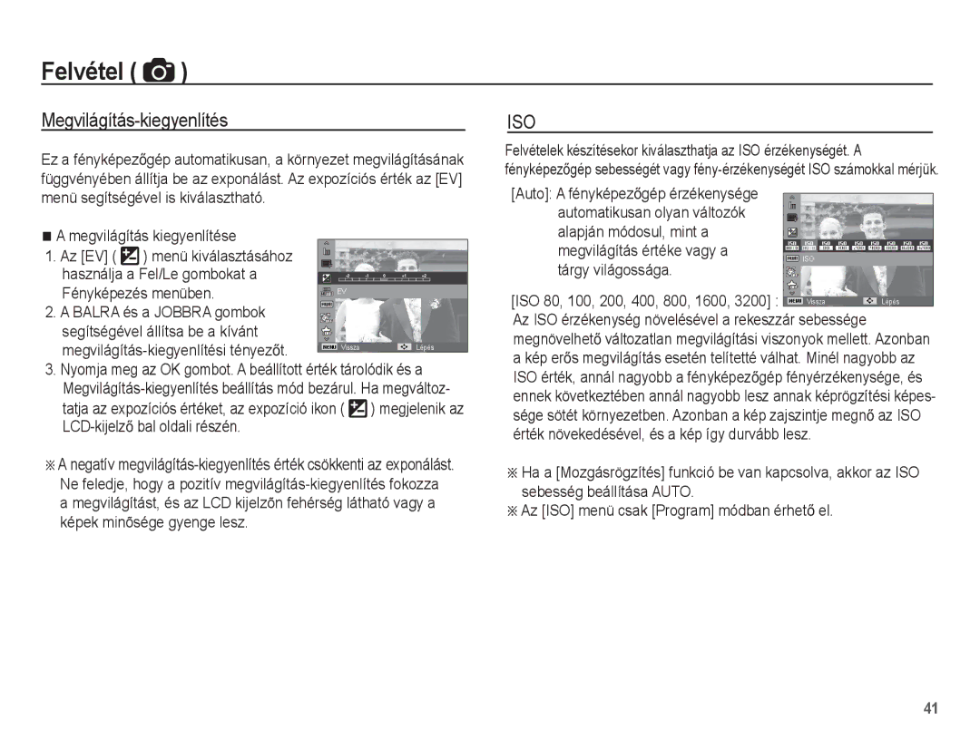 Samsung EC-WP10ZZBPBE2, EC-WP10ZZBPBE1, EC-WP10ZZBPYIT, EC-WP10ZZBPUIT, EC-WP10ZZBPBIT manual Megvilágítás-kiegyenlítés, Iso 