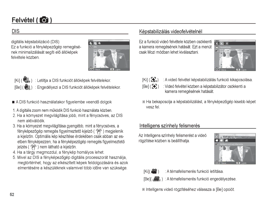 Samsung EC-WP10ZZBPBE2, EC-WP10ZZBPBE1, EC-WP10ZZBPYIT Képstabilizálás videofelvételnél, Intelligens színhely felismerés 