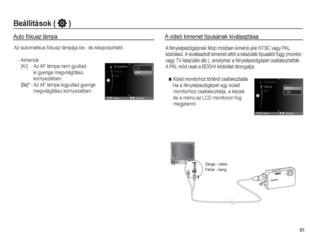 Samsung EC-WP10ZZBPBE3, EC-WP10ZZBPBE1 manual Auto fókusz lámpa, Videó kimenet típusának kiválasztása, Környezetben 