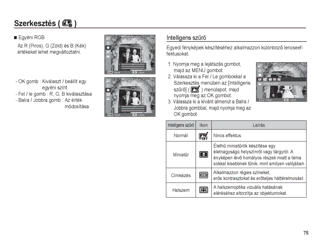 Samsung EC-WP10ZZBPRE2, EC-WP10ZZBPBE1, EC-WP10ZZBPYIT, EC-WP10ZZBPUIT manual Egyéni RGB, Fel / le gomb R, G, B kiválasztása 