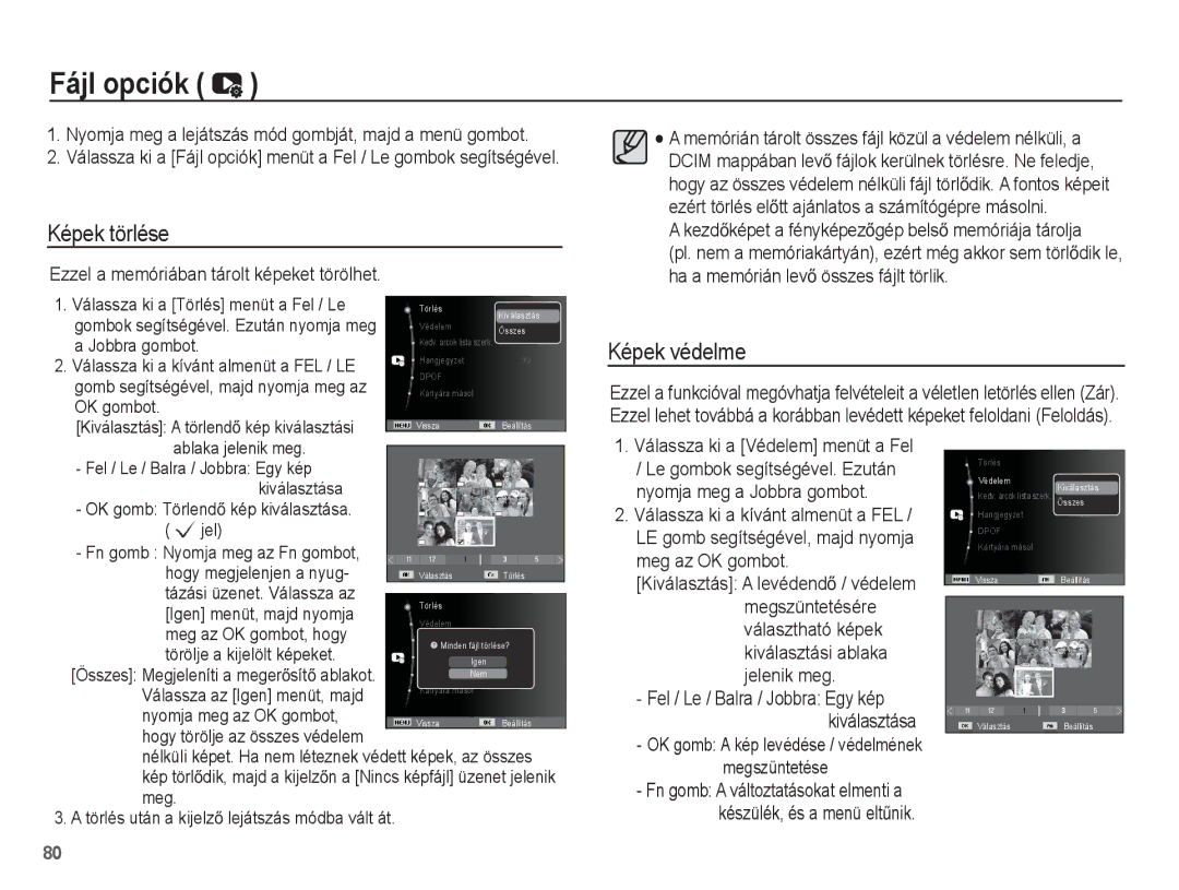 Samsung EC-WP10ZZBPUE3, EC-WP10ZZBPBE1, EC-WP10ZZBPYIT, EC-WP10ZZBPUIT manual Fájl opciók, Képek törlése, Képek védelme 