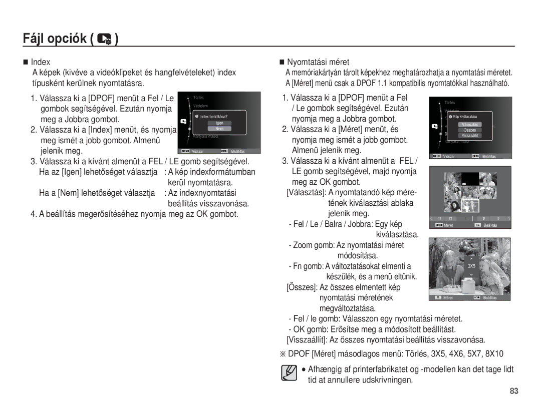 Samsung EC-WP10ZZBPBE3 Index, Kerül nyomtatásra, Az indexnyomtatási, Válassza ki a Méret menüt, és, Almenü jelenik meg 