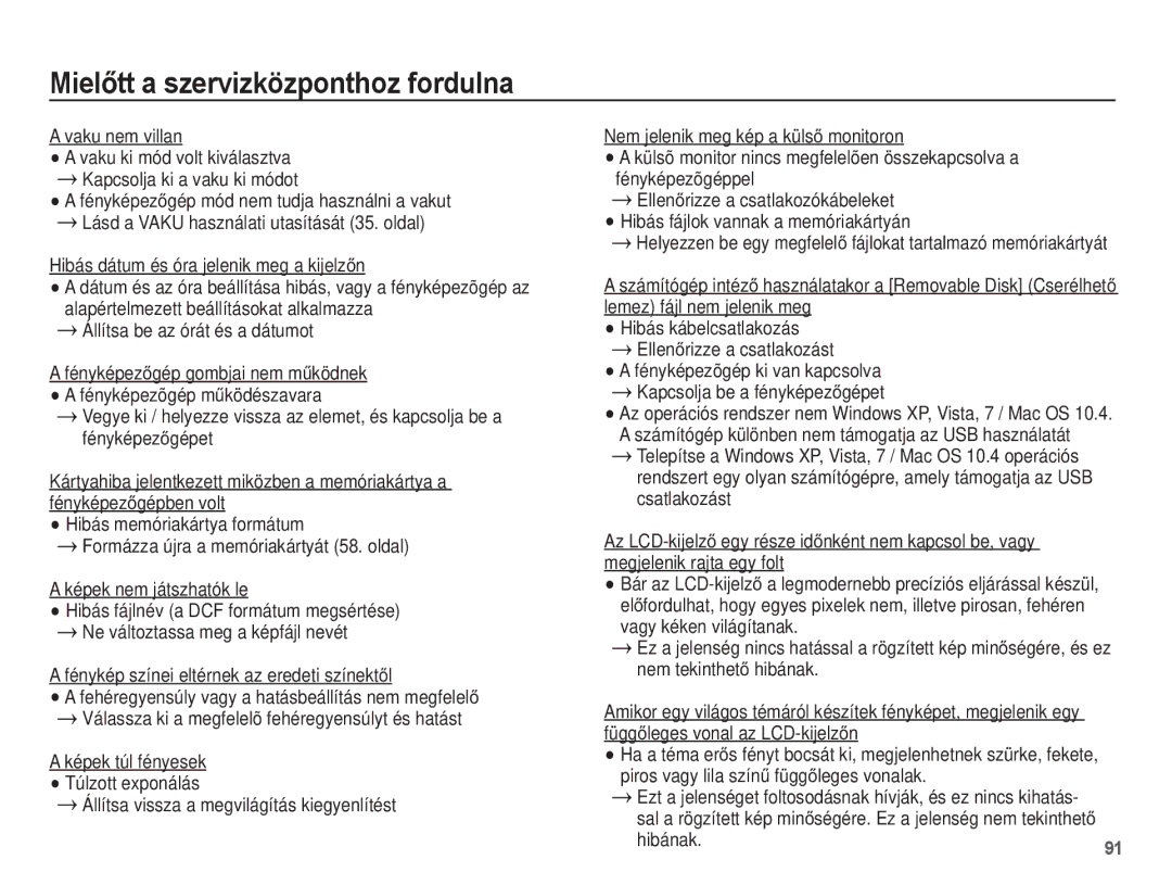 Samsung EC-WP10ZZBPUE3, EC-WP10ZZBPBE1 manual Vaku nem villan, Hibás dátum és óra jelenik meg a kijelzĘn, Hibának.91 