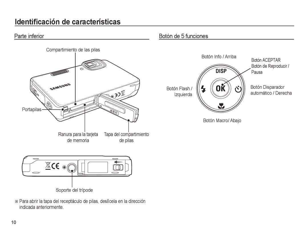 Samsung EC-WP10ZZBPBE1, EC-WP10ZZBPUE1 manual Parte inferior Botón de 5 funciones, Botón Info / Arriba Botón Aceptar, Pausa 