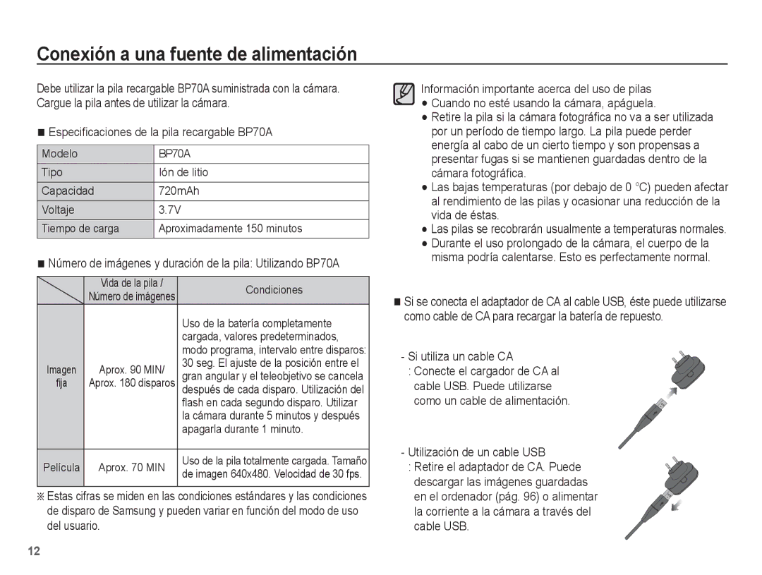 Samsung EC-WP10ZZDPRAS, EC-WP10ZZBPUE1 Conexión a una fuente de alimentación, Especiﬁcaciones de la pila recargable BP70A 