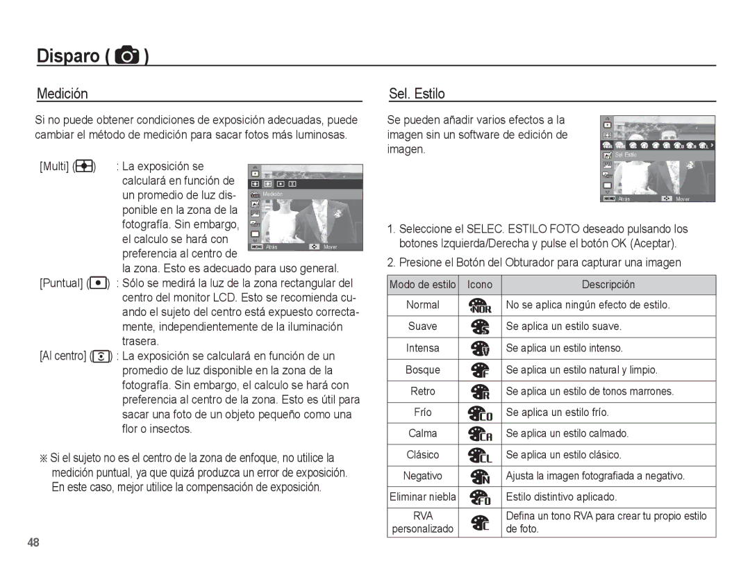 Samsung EC-WP10ZZBPYE1, EC-WP10ZZBPUE1, EC-WP10ZZBPBE1, EC-WP10ZZBPRE1, EC-WP10ZZDPRAS manual Medición, Sel. Estilo 