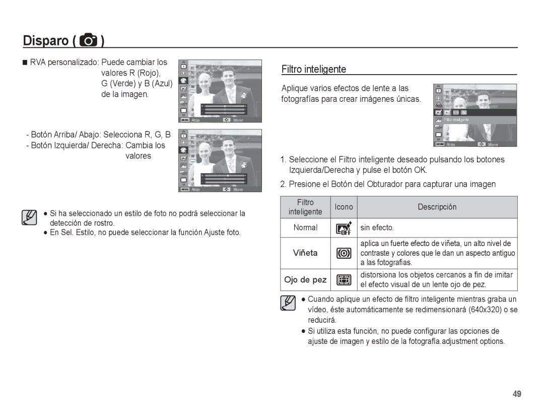 Samsung EC-WP10ZZBPUE1, EC-WP10ZZBPBE1, EC-WP10ZZBPRE1 manual Filtro inteligente, Botón Arriba/ Abajo Selecciona R, G, B 