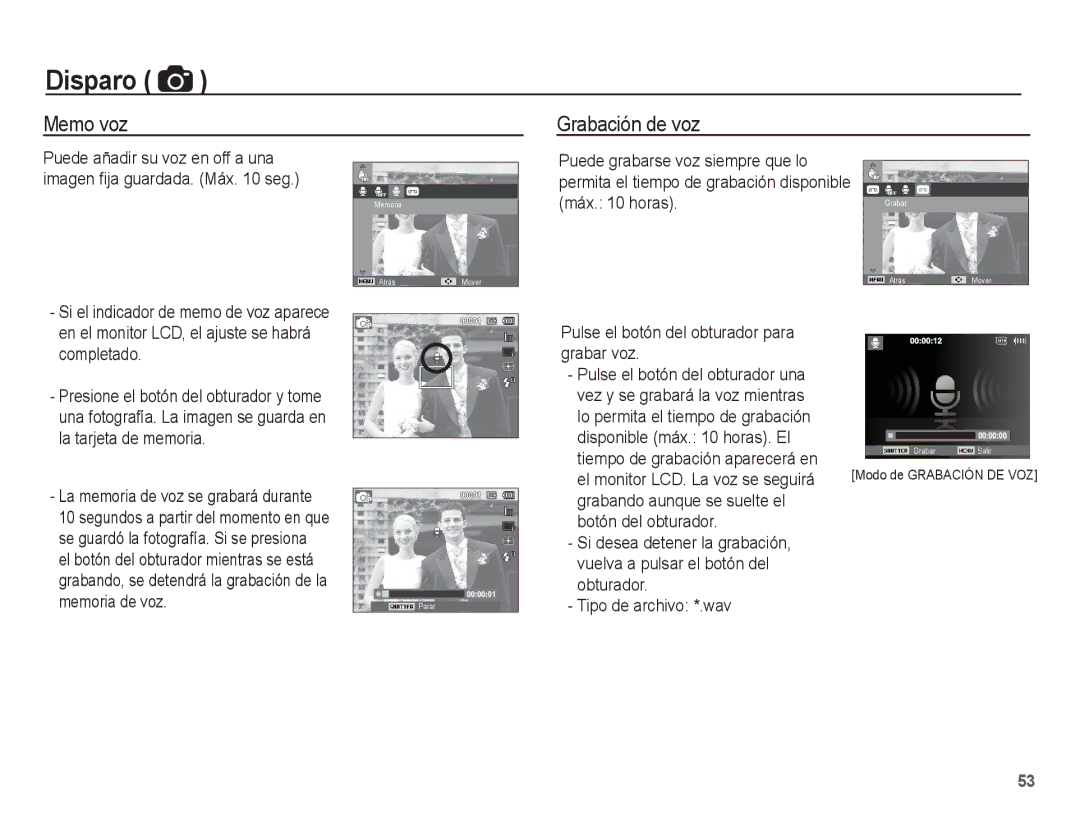 Samsung EC-WP10ZZBPYE1, EC-WP10ZZBPUE1, EC-WP10ZZBPBE1, EC-WP10ZZBPRE1, EC-WP10ZZDPRAS manual Memo voz, Grabación de voz 