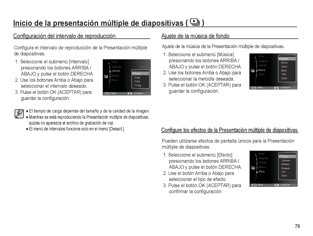 Samsung EC-WP10ZZBPUE1 Configuración del intervalo de reproducción, Ajuste de la música de fondo, Guardar la configuración 