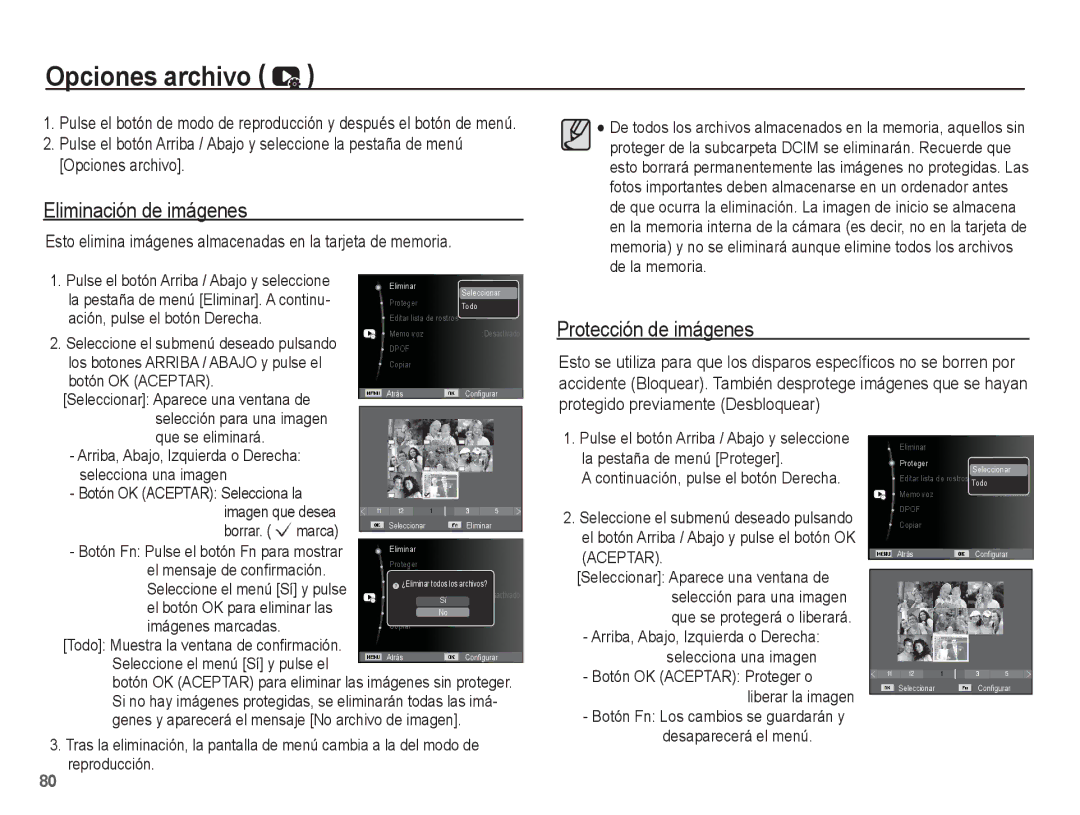 Samsung EC-WP10ZZBPBE1, EC-WP10ZZBPUE1, EC-WP10ZZBPRE1 Opciones archivo, Eliminación de imágenes, Protección de imágenes 