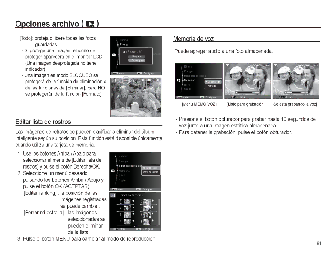 Samsung EC-WP10ZZBPRE1, EC-WP10ZZBPUE1 Memoria de voz, Editar lista de rostros, Puede agregar audio a una foto almacenada 