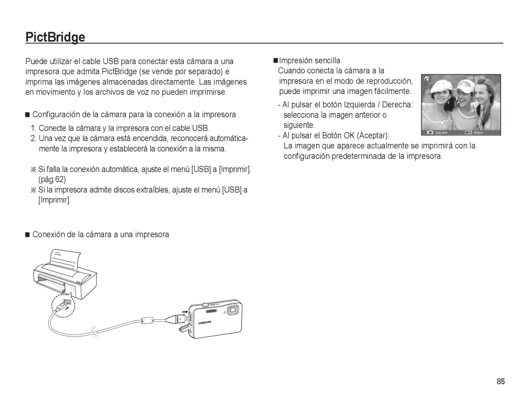 Samsung EC-WP10ZZBPBE1, EC-WP10ZZBPUE1, EC-WP10ZZBPRE1 manual PictBridge, Configuración predeterminada de la impresora 