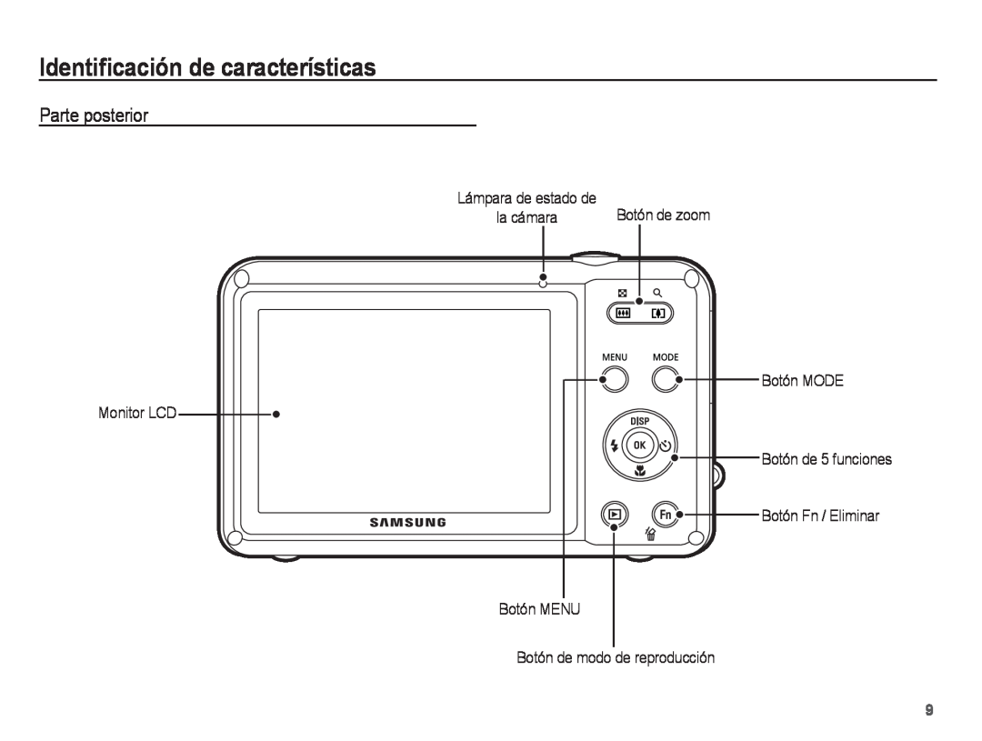 Samsung EC-WP10ZZBPUE1 manual Parte posterior, Identiﬁcación de características, Botón MENU Botón de modo de reproducción 