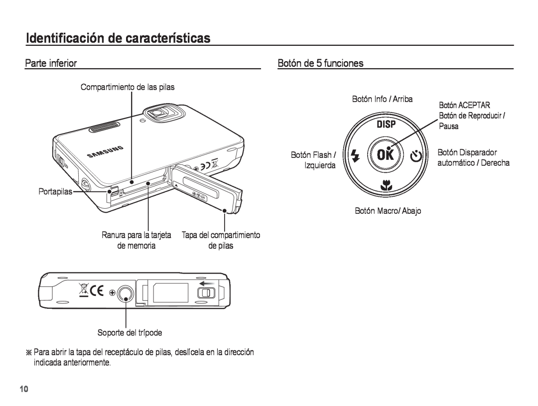 Samsung EC-WP10ZZBPBE1, EC-WP10ZZBPUE1 manual Parte inferior, Botón de 5 funciones, Identiﬁcación de características 