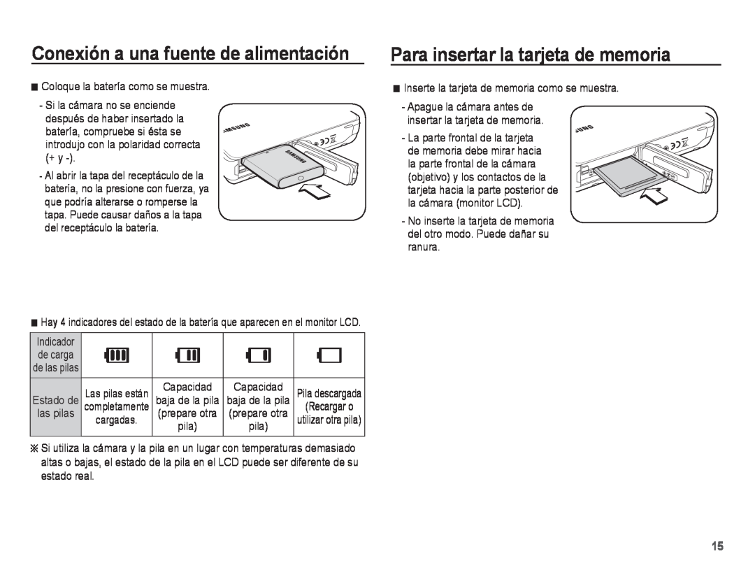 Samsung EC-WP10ZZBPBE1, EC-WP10ZZBPUE1 manual Para insertar la tarjeta de memoria, Conexión a una fuente de alimentación 