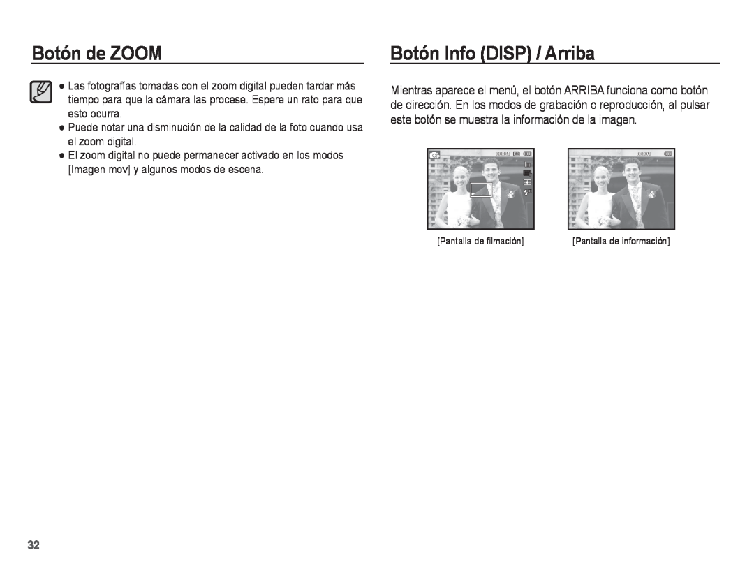 Samsung EC-WP10ZZDPRAS manual Botón Info DISP / Arriba, Botón de ZOOM, Pantalla de ﬁlmación, Pantalla de información 