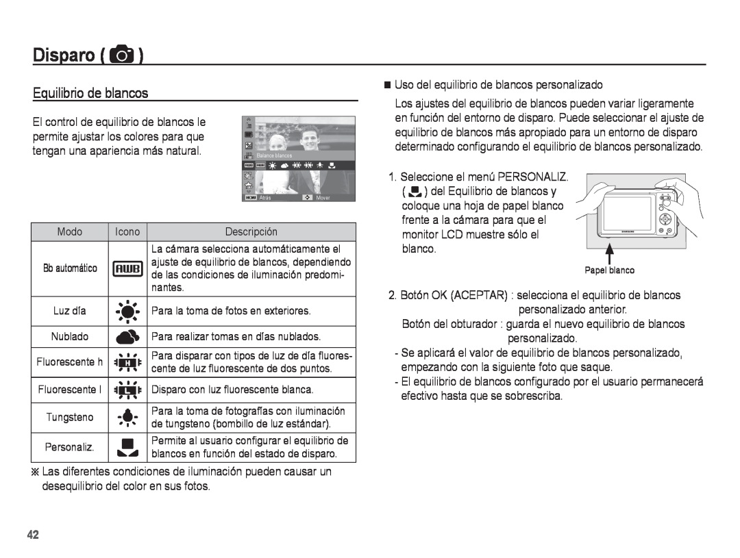 Samsung EC-WP10ZZDPRAS, EC-WP10ZZBPUE1 manual Equilibrio de blancos, Disparo, Uso del equilibrio de blancos personalizado 