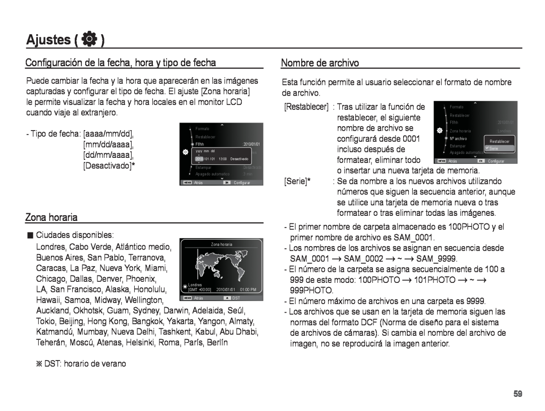 Samsung EC-WP10ZZBPUE1 manual Conﬁguración de la fecha, hora y tipo de fecha, Zona horaria, Nombre de archivo, Ajustes 