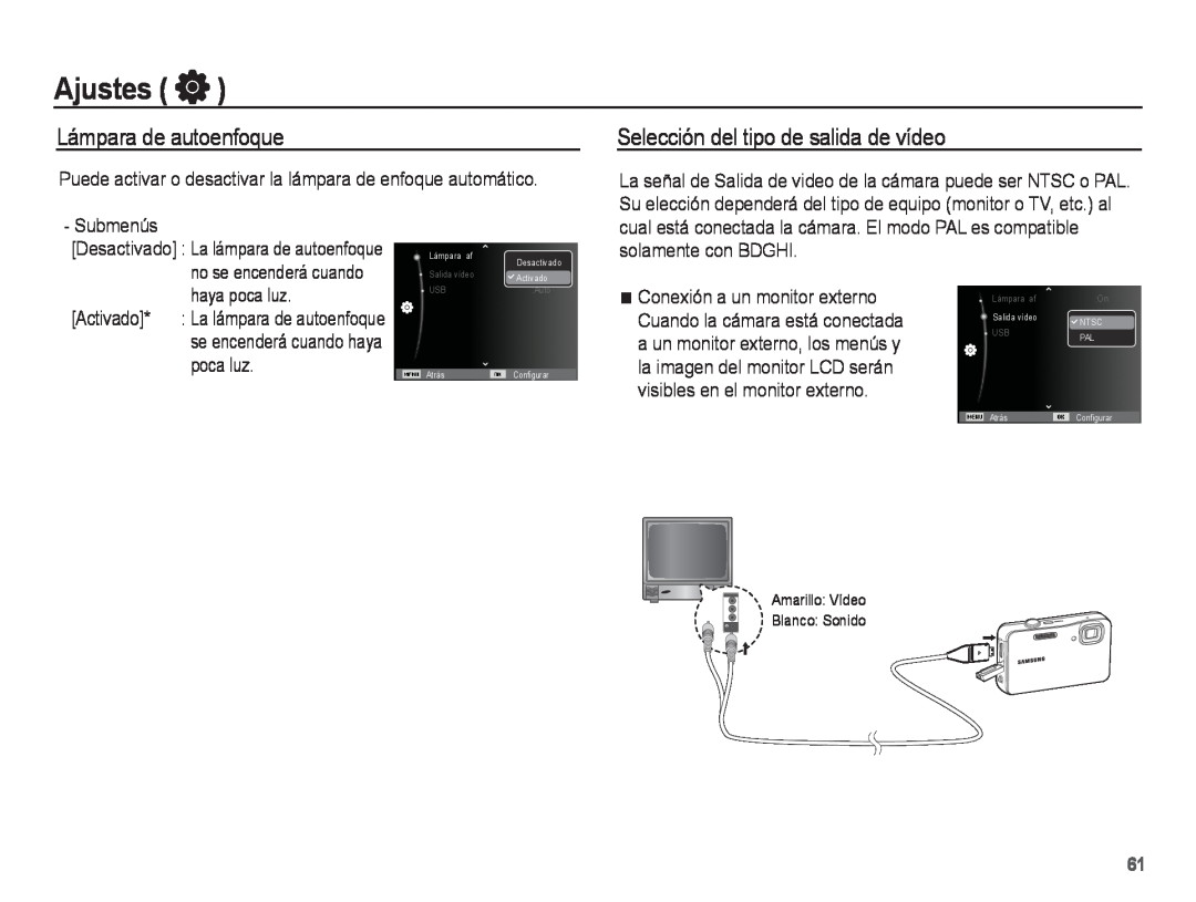 Samsung EC-WP10ZZBPRE1, EC-WP10ZZBPUE1 manual Lámpara de autoenfoque, Selección del tipo de salida de vídeo, Ajustes 