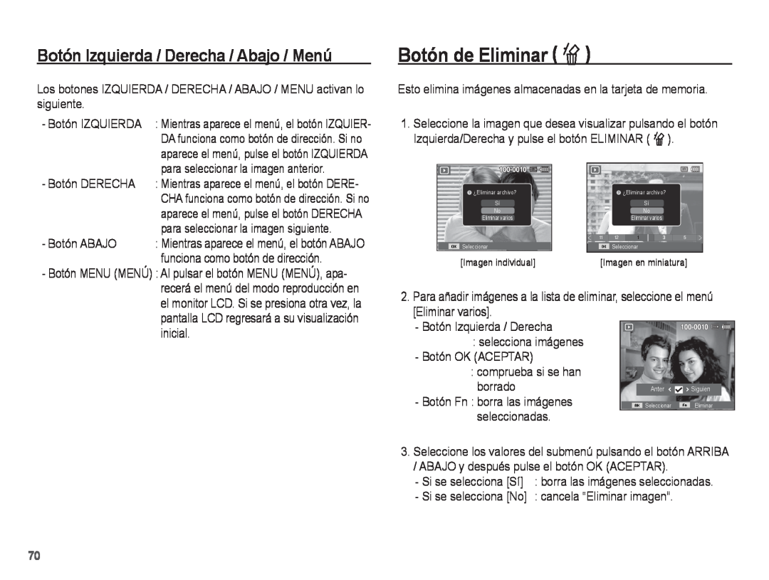 Samsung EC-WP10ZZBPBE1, EC-WP10ZZBPUE1, EC-WP10ZZBPRE1 manual Botón de Eliminar Õ, Botón Izquierda / Derecha / Abajo / Menú 