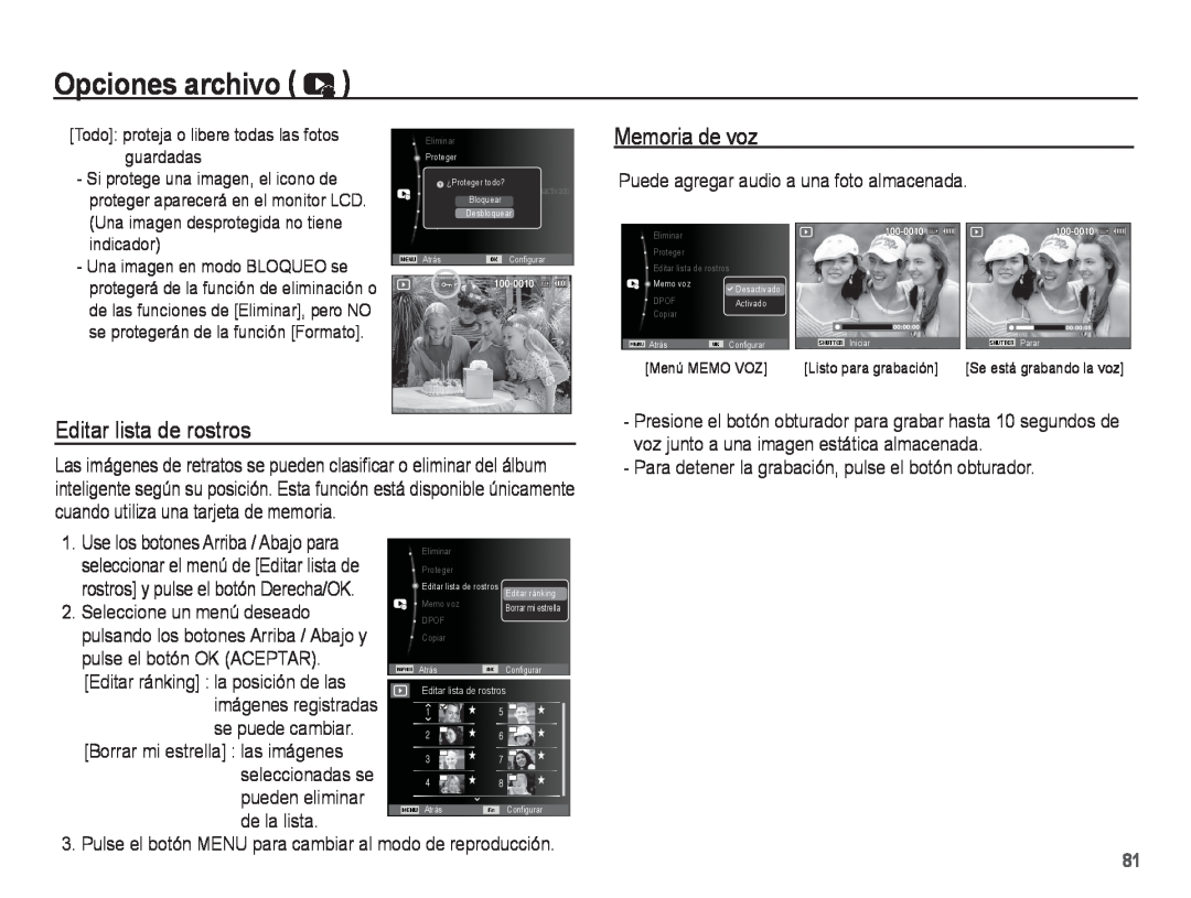 Samsung EC-WP10ZZBPRE1 manual Memoria de voz, Editar lista de rostros, Opciones archivo, Editar ránking la posición de las 