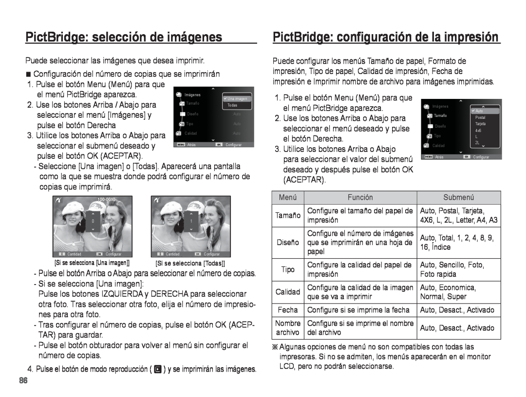Samsung EC-WP10ZZBPRE1, EC-WP10ZZBPUE1 manual PictBridge selección de imágenes, PictBridge configuración de la impresión 