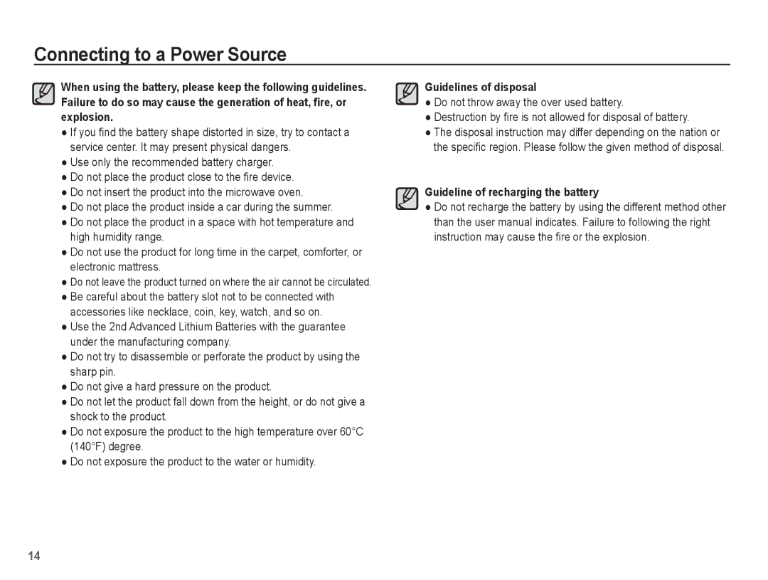 Samsung EC-WP10ZZBPRSA, EC-WP10ZZBPUE1, EC-WP10ZZBPUGS, EC-WP10ZZBPBE1, EC-WP10ZZBPYIT Guideline of recharging the battery 