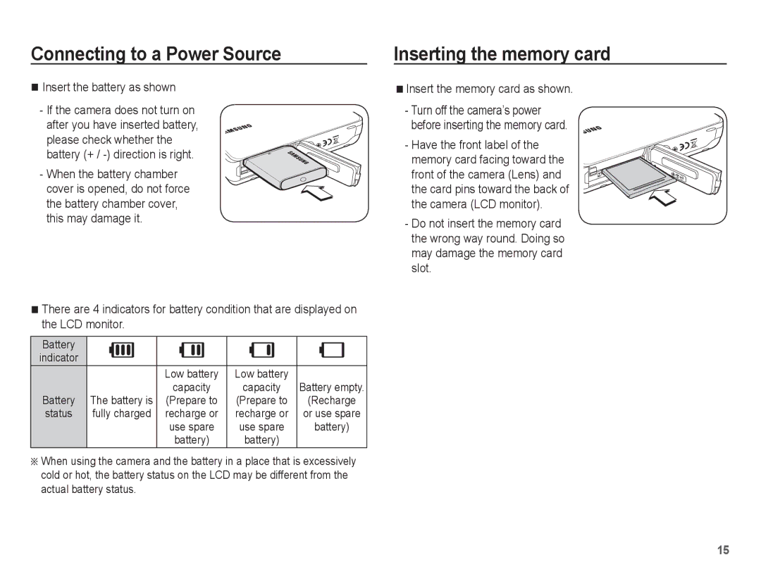 Samsung EC-WP10ZZDPBIR Inserting the memory card, Insert the battery as shown, Insert the memory card as shown, Battery 