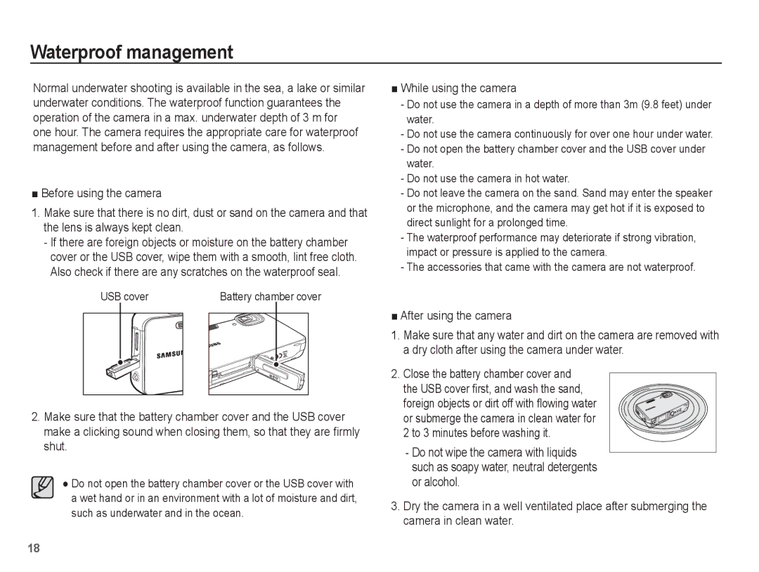 Samsung EC-WP10ZZDPYME, EC-WP10ZZBPUE1 Waterproof management, While using the camera, After using the camera, USB cover 