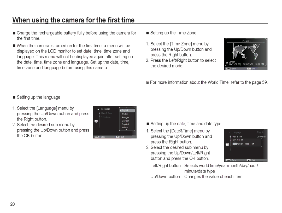 Samsung EC-WP10ZZDPYIR manual When using the camera for the ﬁrst time, Setting up the Time Zone, Setting up the language 