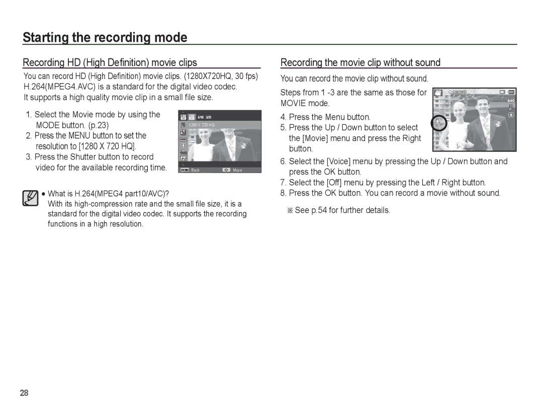 Samsung EC-WP10ZZBPRE2, EC-WP10ZZBPUE1 Recording HD High Deﬁnition movie clips, Recording the movie clip without sound 