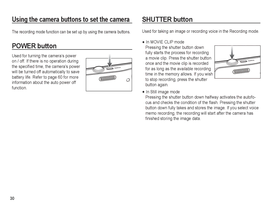 Samsung EC-WP10ZZBPYRU, EC-WP10ZZBPUE1, EC-WP10ZZBPUGS, EC-WP10ZZBPBE1 manual Power button, Shutter button, Movie Clip mode 